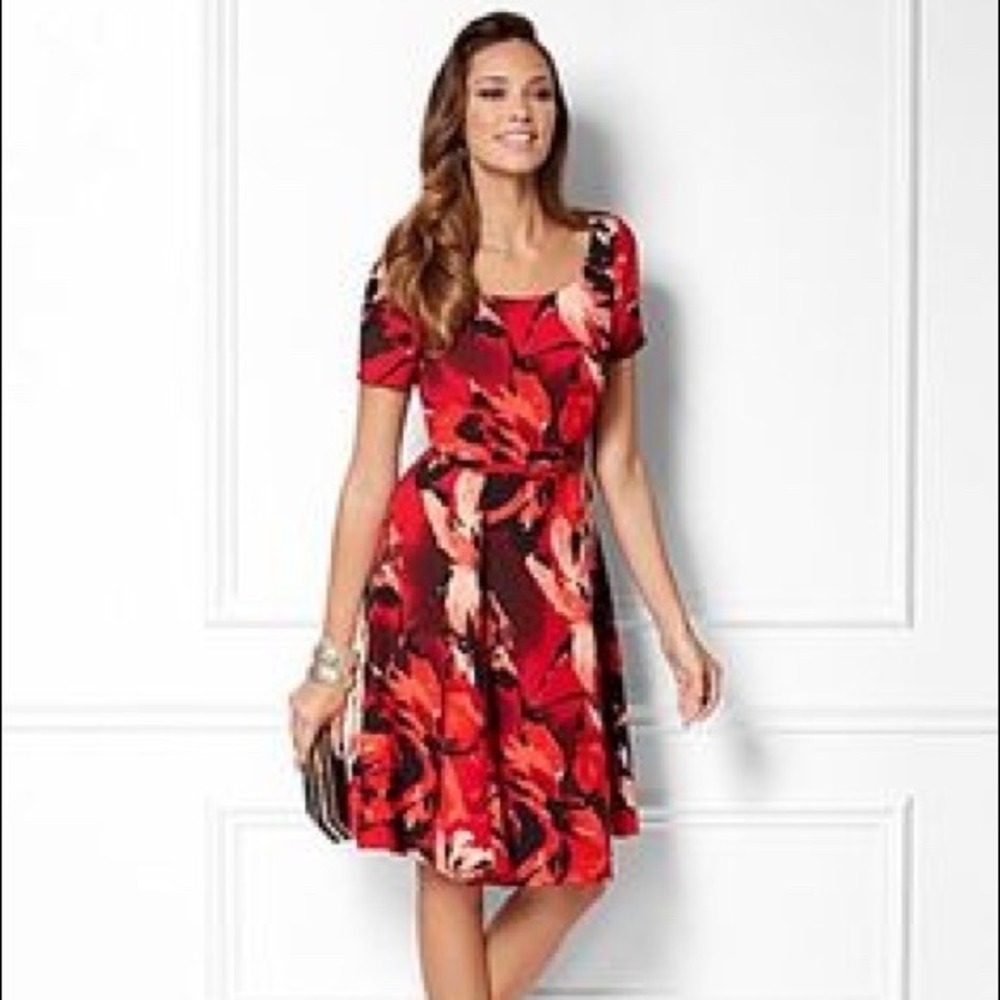 EVA MENDES NY&C Red Floral Belted Fit & Flare Dress Size 10